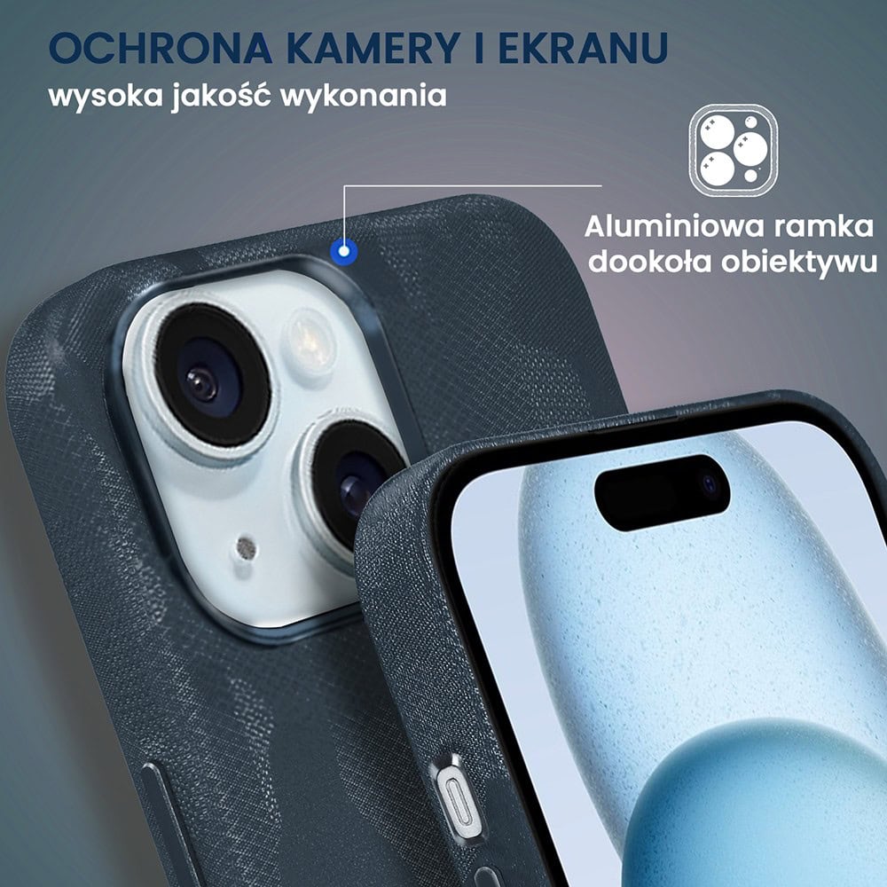 Etui do iPhone 15 MagSafe Army Shell, cienkie, twarde, powleczone materiałem, granatowe