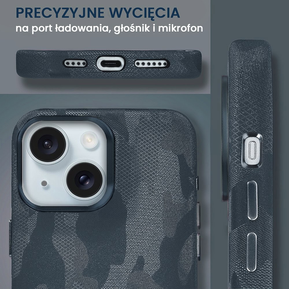 Etui do iPhone 15 MagSafe Army Shell, cienkie, twarde, powleczone materiałem, granatowe