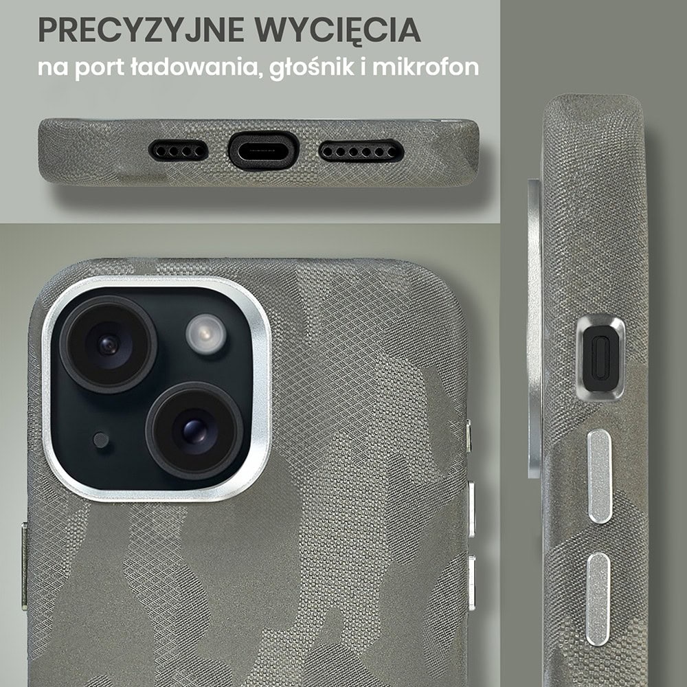 Etui do iPhone 15 MagSafe Army Shell, cienkie, twarde, powleczone materiałem, szare