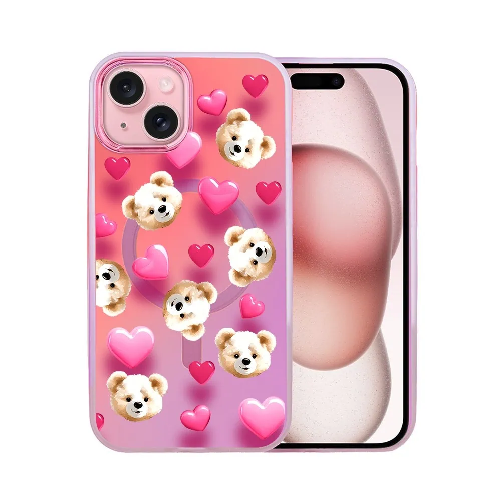 Etui do iPhone 15 MagSafe Bear With Me, Love Mood, miś i serduszka, głęboki mieniący się kolor, różowe ombre