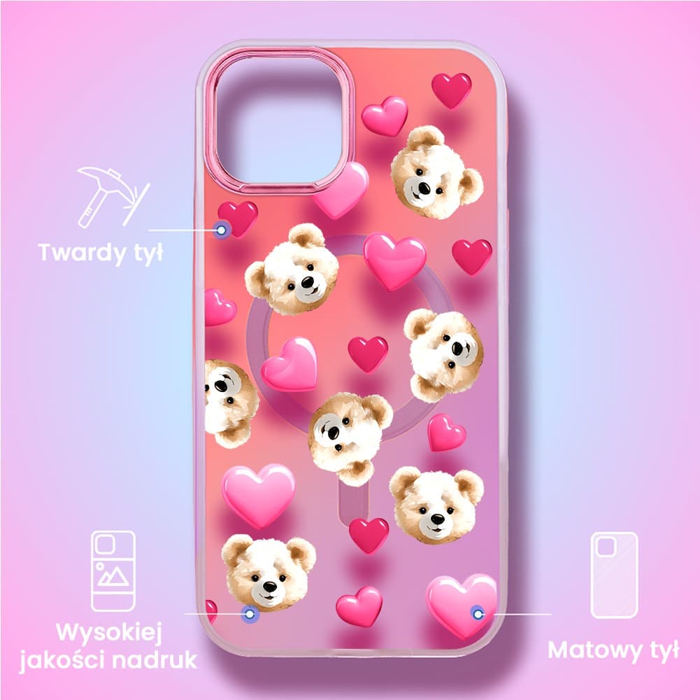 Etui do iPhone 15 MagSafe Bear With Me, Love Mood, miś i serduszka, głęboki mieniący się kolor, różowe ombre