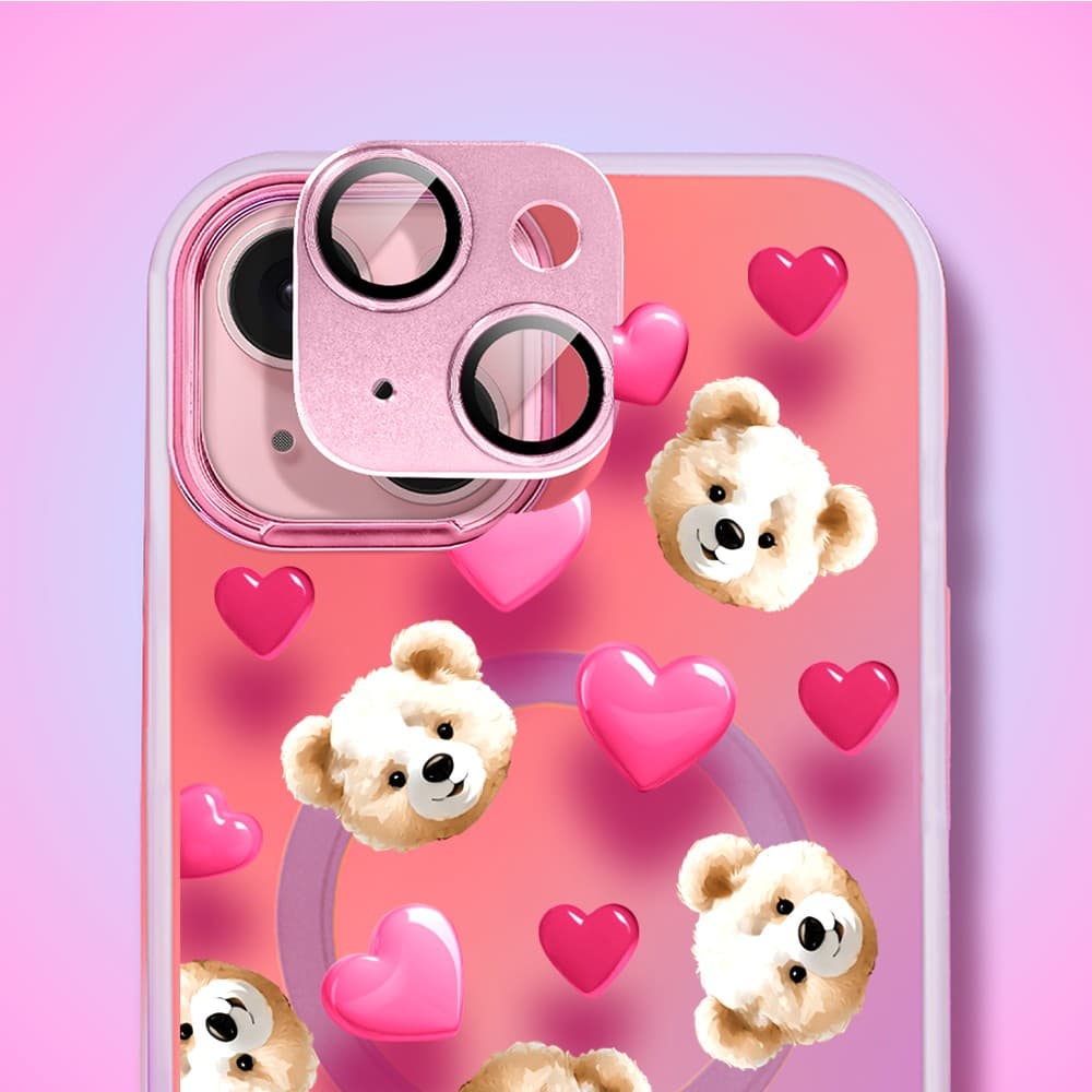 Etui do iPhone 15 MagSafe Bear With Me, Love Mood, miś i serduszka, głęboki mieniący się kolor, różowe ombre