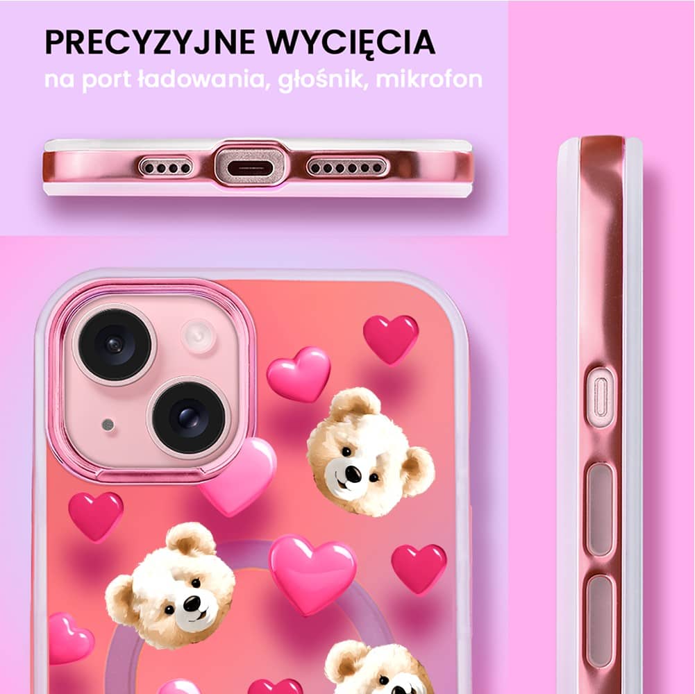 Etui do iPhone 15 MagSafe Bear With Me, Love Mood, miś i serduszka, głęboki mieniący się kolor, różowe ombre