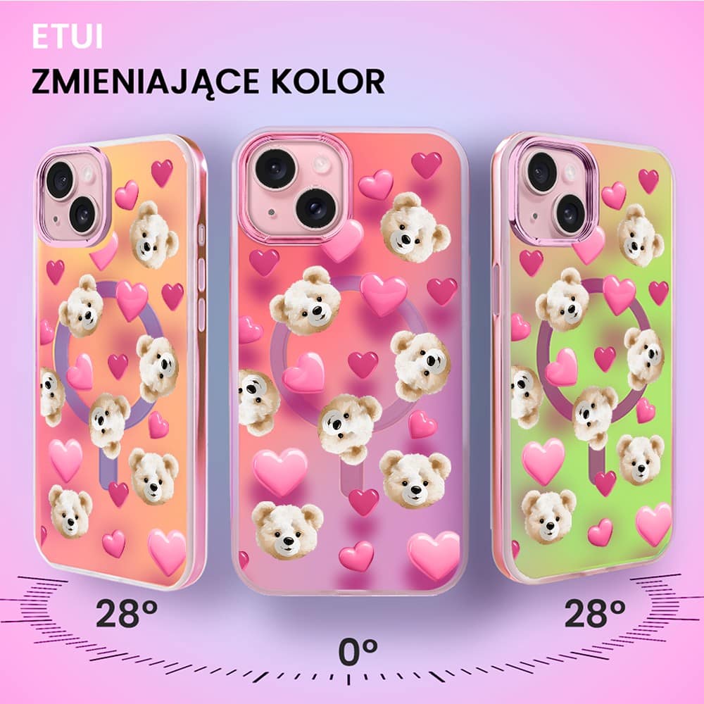 Etui do iPhone 15 MagSafe Bear With Me, Love Mood, miś i serduszka, głęboki mieniący się kolor, różowe ombre