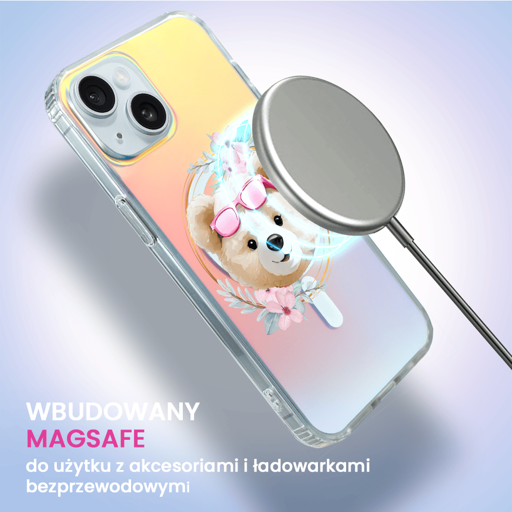 Etui do iPhone 15 Plus MagSafe Bear with Me, Flower Queen, miś z kwiatami, zmieniające kolor