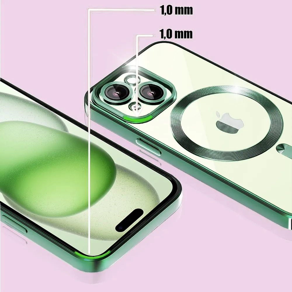 Etui do iPhone 15 MagSafe Luxury Protect przeźroczyste, hybrydowa ochrona kamery, alpejska zieleń (OUTLET)