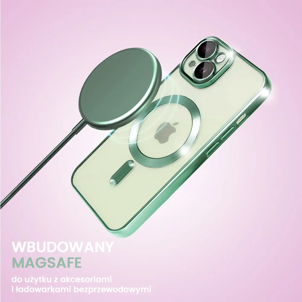 Etui do iPhone 15 MagSafe Luxury Protect przeźroczyste, hybrydowa ochrona kamery, alpejska zieleń (OUTLET)