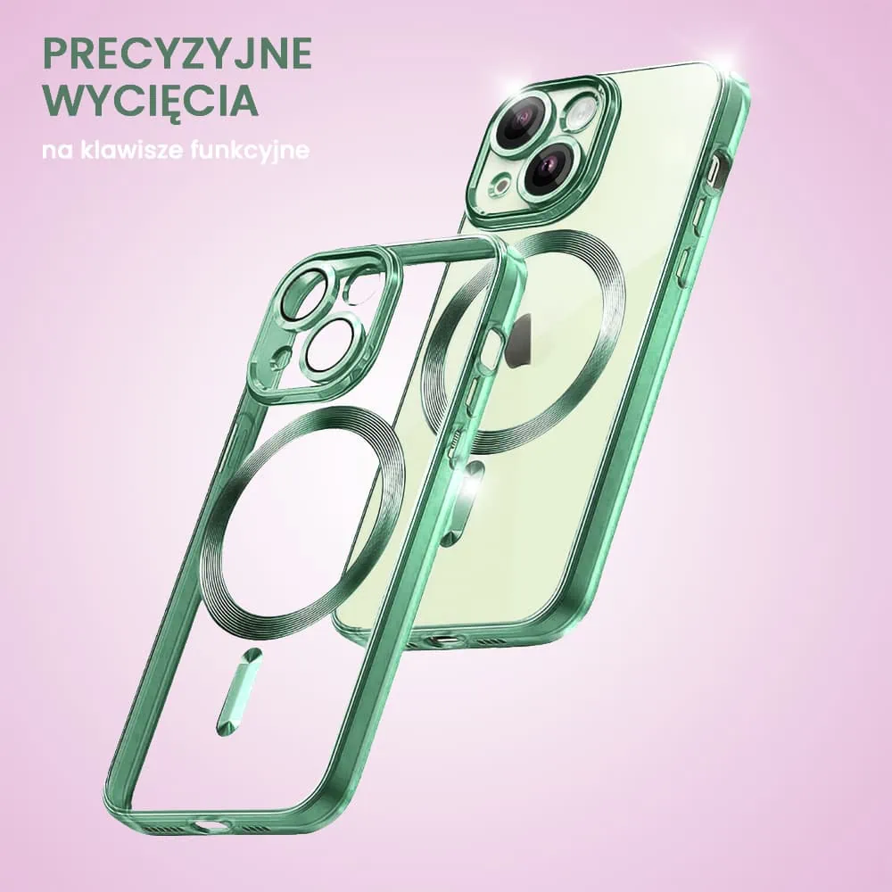 Etui do iPhone 15 MagSafe Luxury Protect przeźroczyste, hybrydowa ochrona kamery, alpejska zieleń (OUTLET)