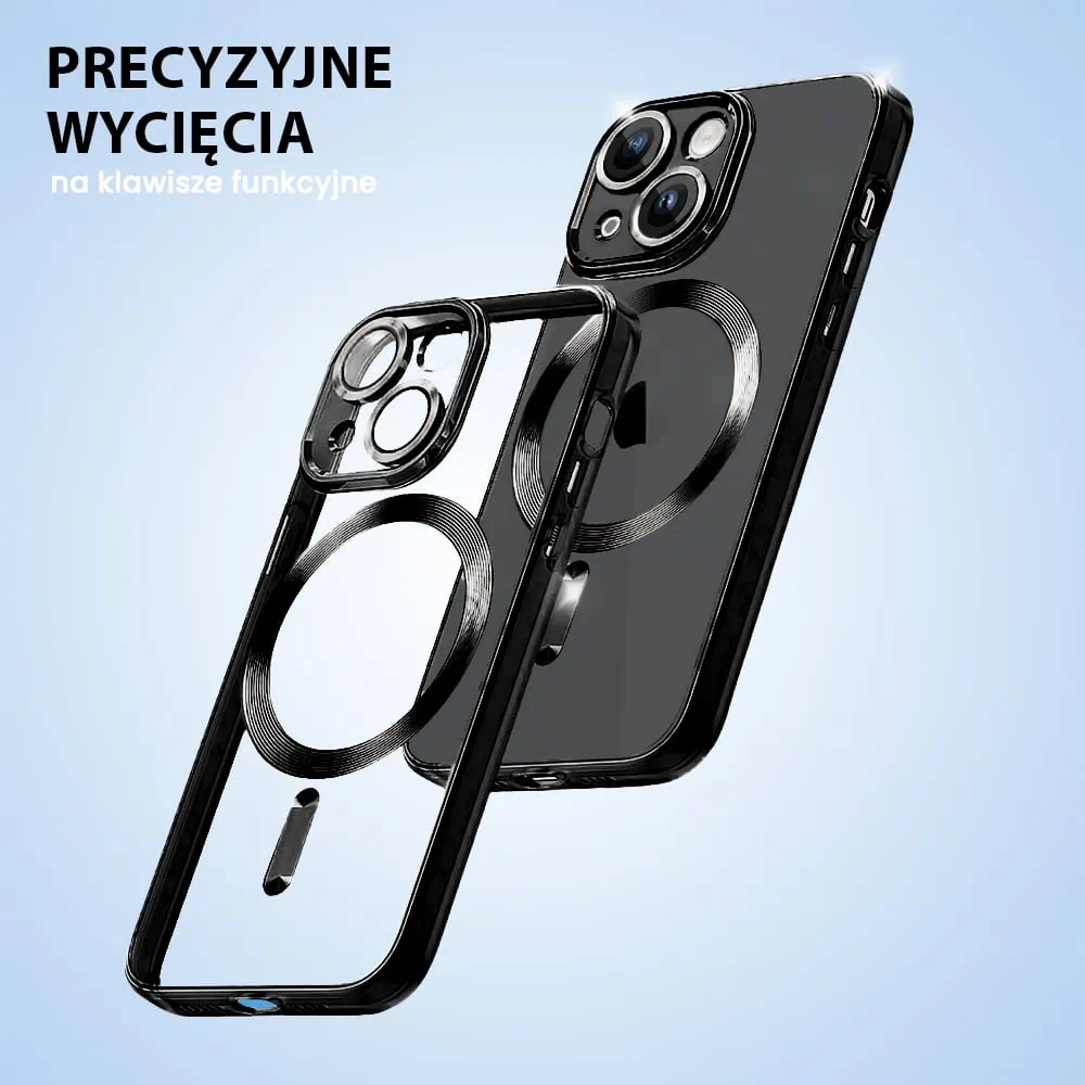 Etui do iPhone 15 MagSafe Luxury Protect przeźroczyste, hybrydowa ochrona kamery, czarne (OUTLET)