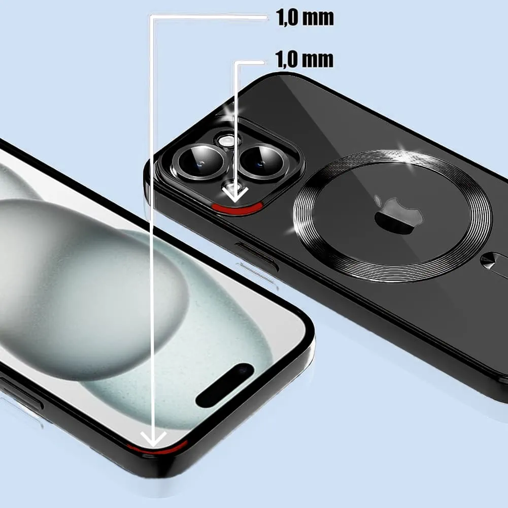 Etui do iPhone 15 MagSafe Luxury Protect przeźroczyste, hybrydowa ochrona kamery, czarne (OUTLET)