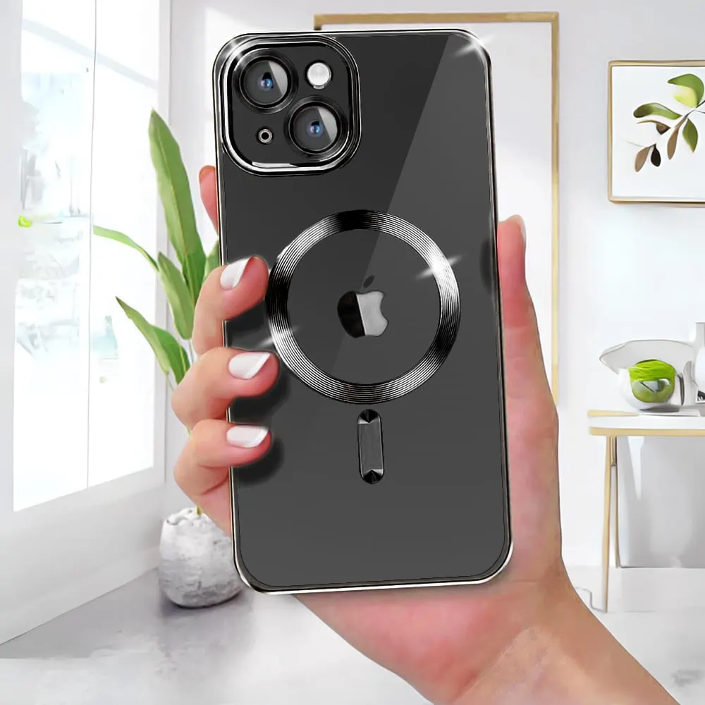 Etui do iPhone 15 MagSafe Luxury Protect przeźroczyste, hybrydowa ochrona kamery, czarne (OUTLET)