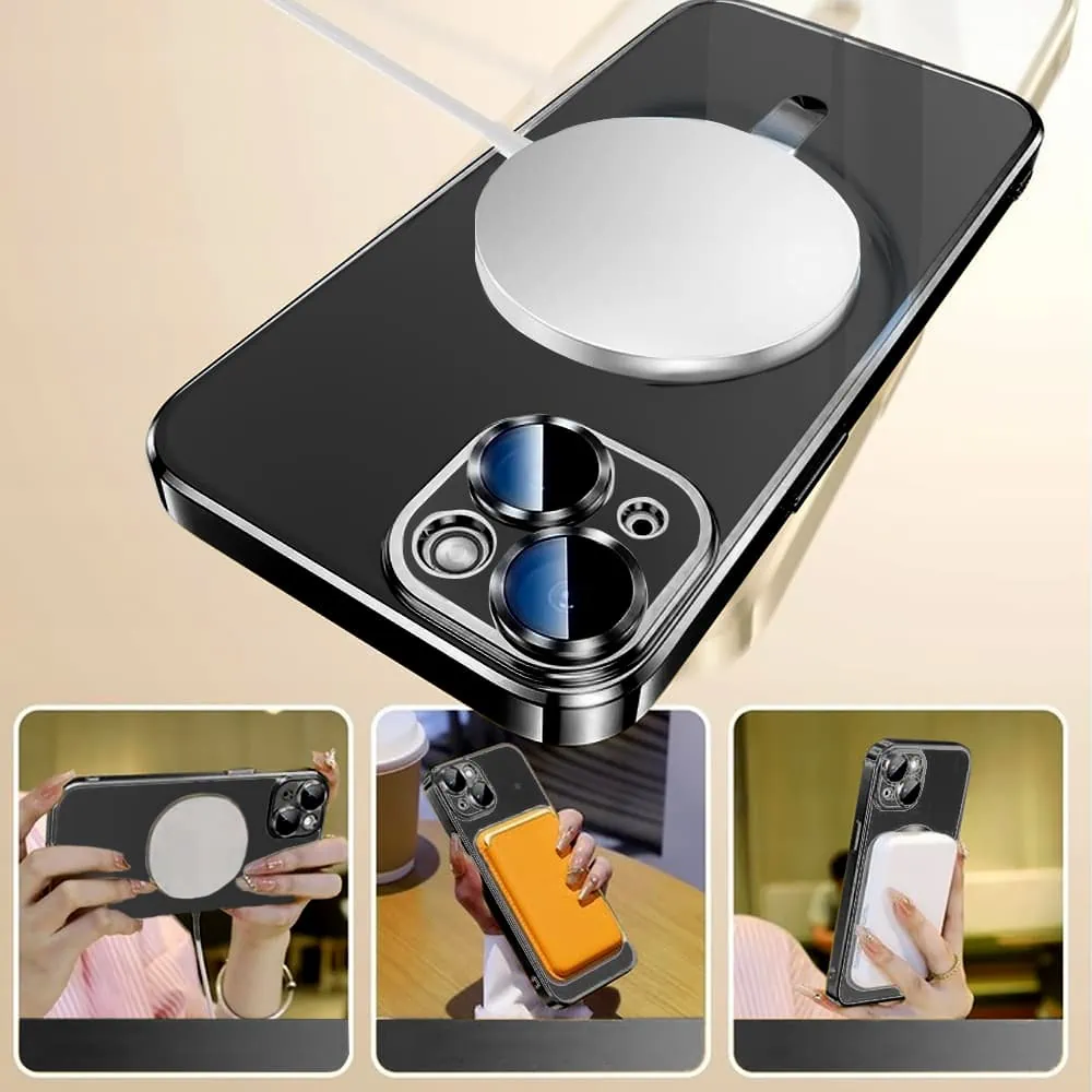 Etui do iPhone 15 MagSafe Luxury Protect przeźroczyste, hybrydowa ochrona kamery, czarne (OUTLET)