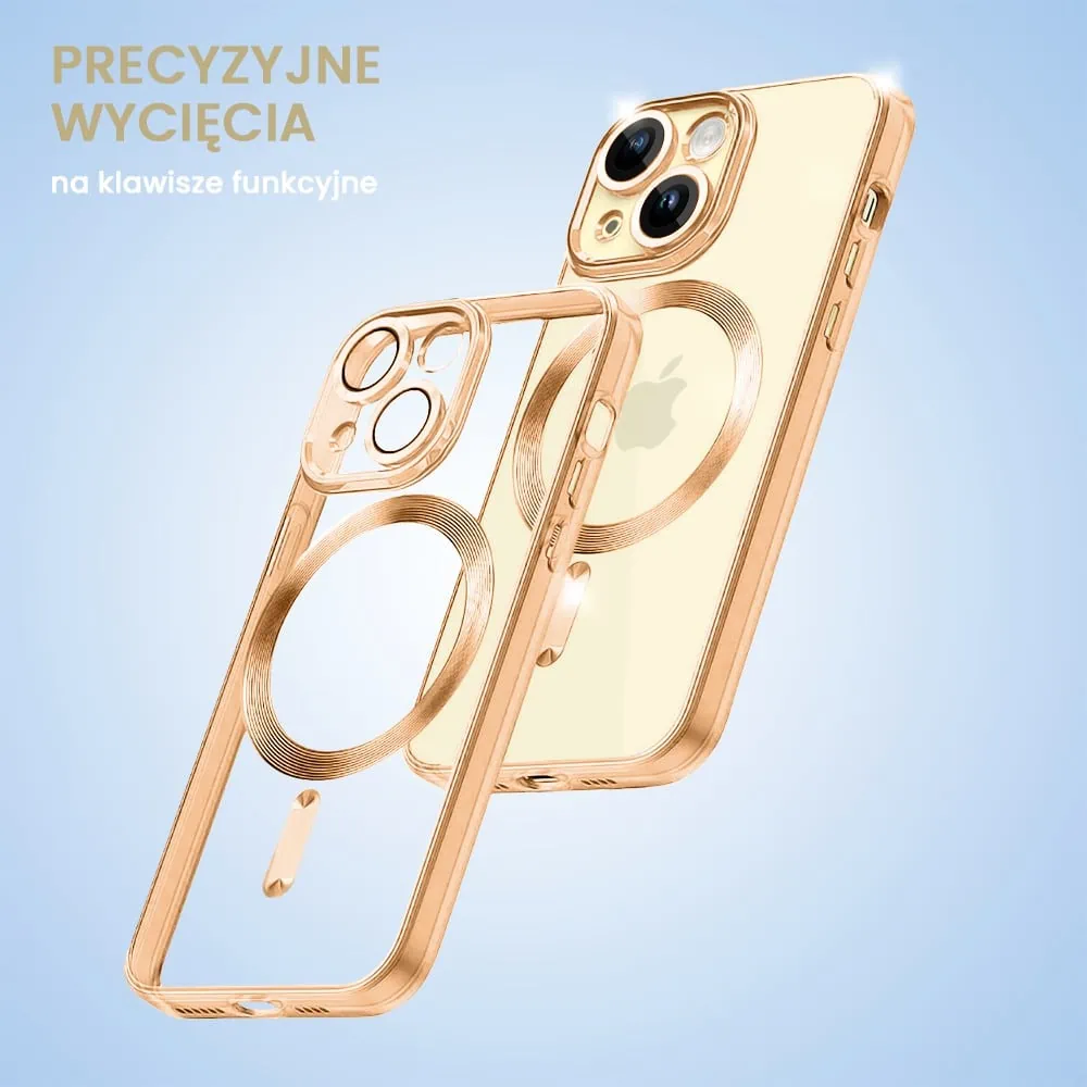 Etui do iPhone 15 Plus MagSafe Luxury Protect przeźroczyste, hybrydowa ochrona kamery, czerwone złoto (OUTLET)