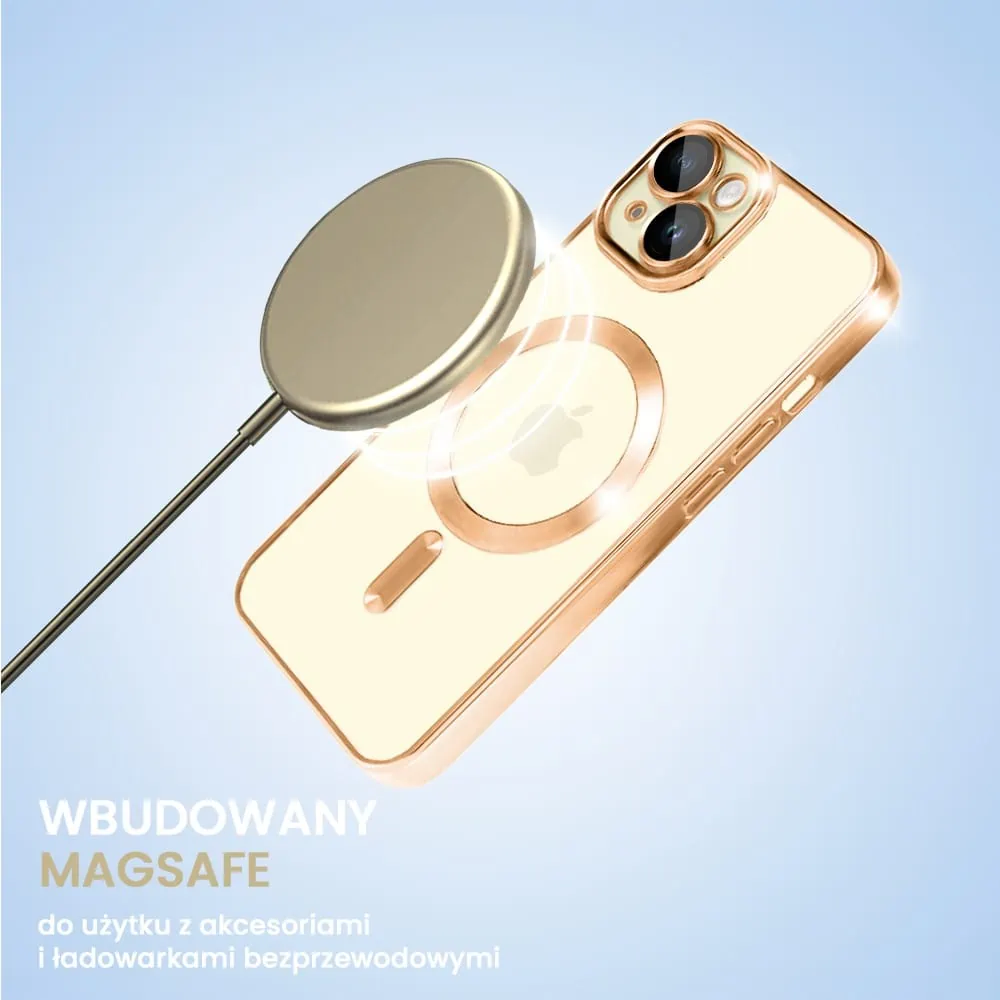 Etui do iPhone 15 Plus MagSafe Luxury Protect przeźroczyste, hybrydowa ochrona kamery, czerwone złoto (OUTLET)