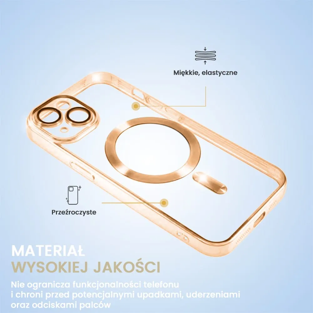 Etui do iPhone 15 Plus MagSafe Luxury Protect przeźroczyste, hybrydowa ochrona kamery, czerwone złoto (OUTLET)