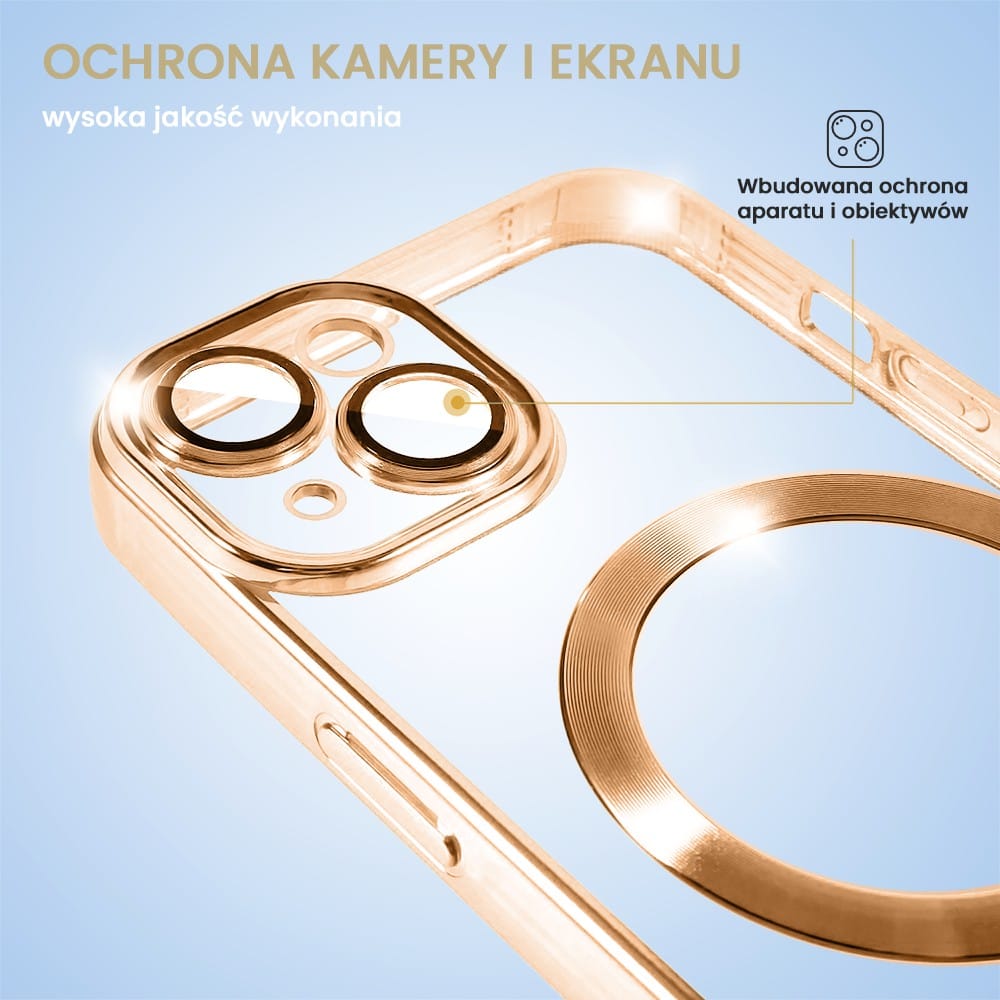 Etui do iPhone 15 Plus MagSafe Luxury Protect przeźroczyste, hybrydowa ochrona kamery, czerwone złoto (OUTLET)
