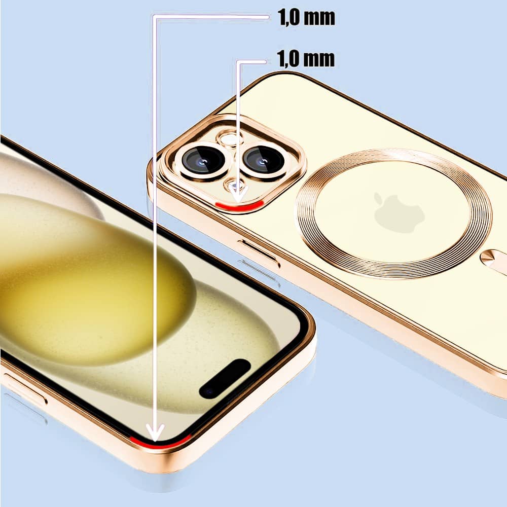Etui do iPhone 15 Plus MagSafe Luxury Protect przeźroczyste, hybrydowa ochrona kamery, czerwone złoto (OUTLET)