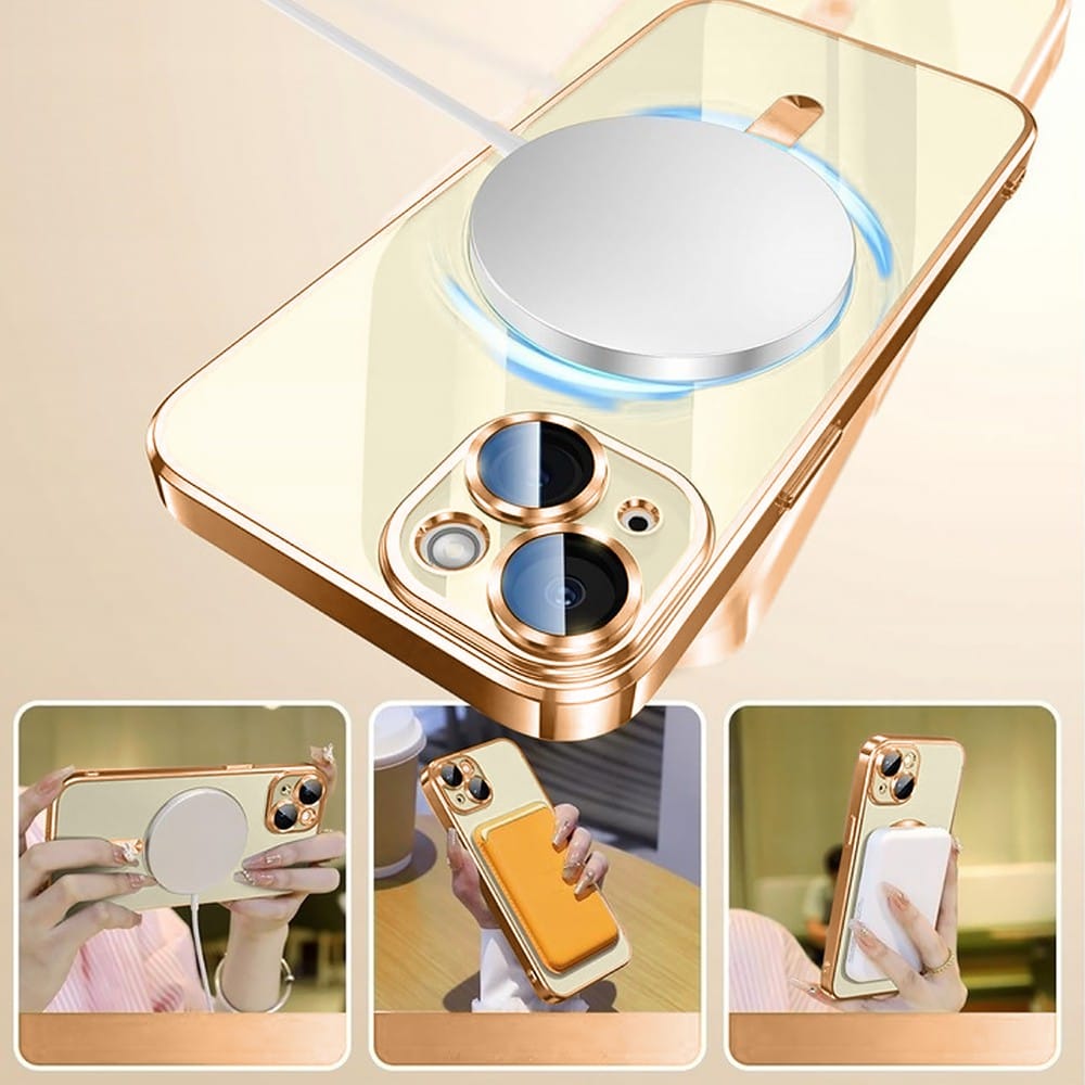 Etui do iPhone 15 Plus MagSafe Luxury Protect przeźroczyste, hybrydowa ochrona kamery, czerwone złoto (OUTLET)