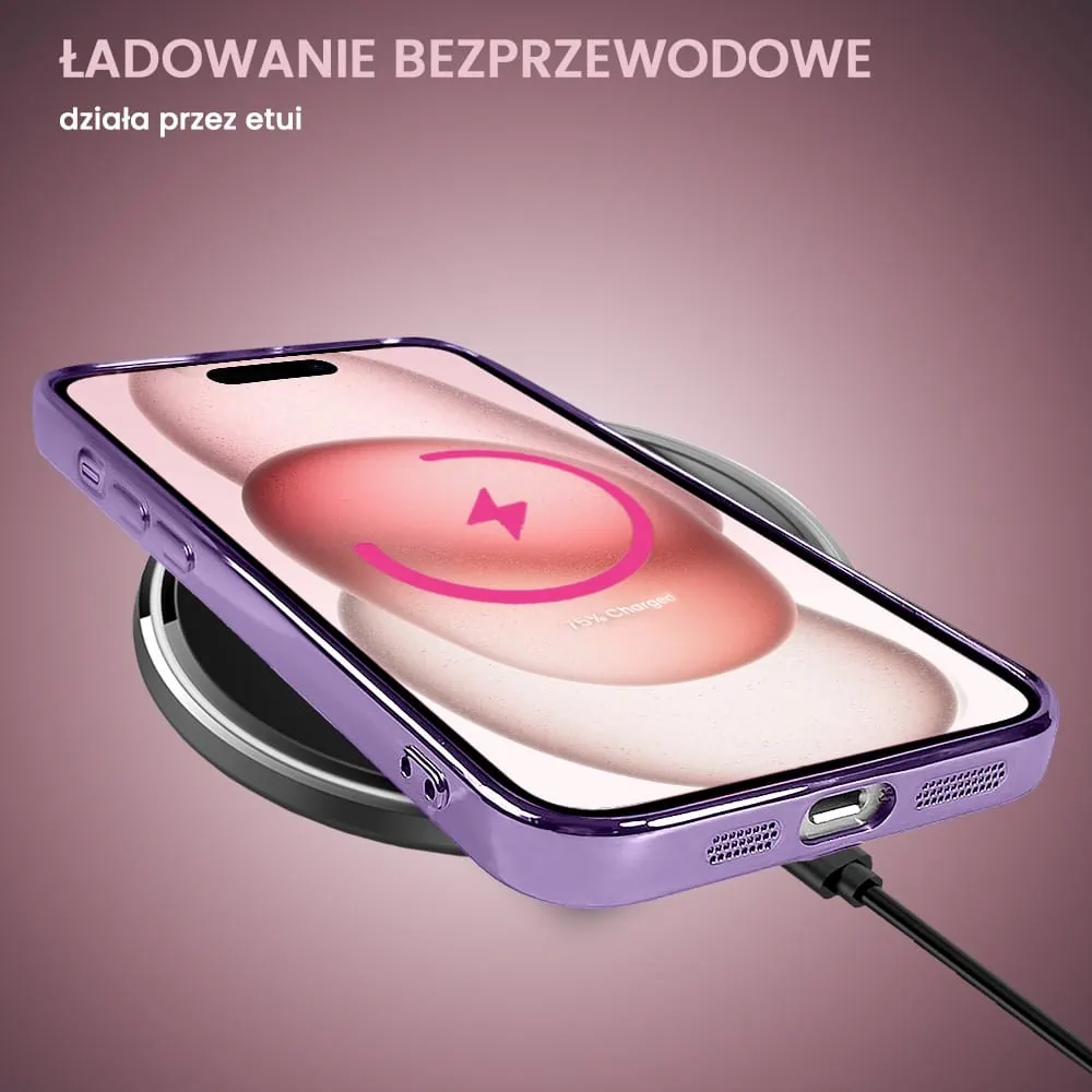 Etui do iPhone 15 MagSafe Luxury Protect przeźroczyste, hybrydowa ochrona kamery, fioletowe