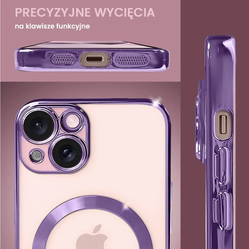 Etui do iPhone 15 MagSafe Luxury Protect przeźroczyste, hybrydowa ochrona kamery, fioletowe