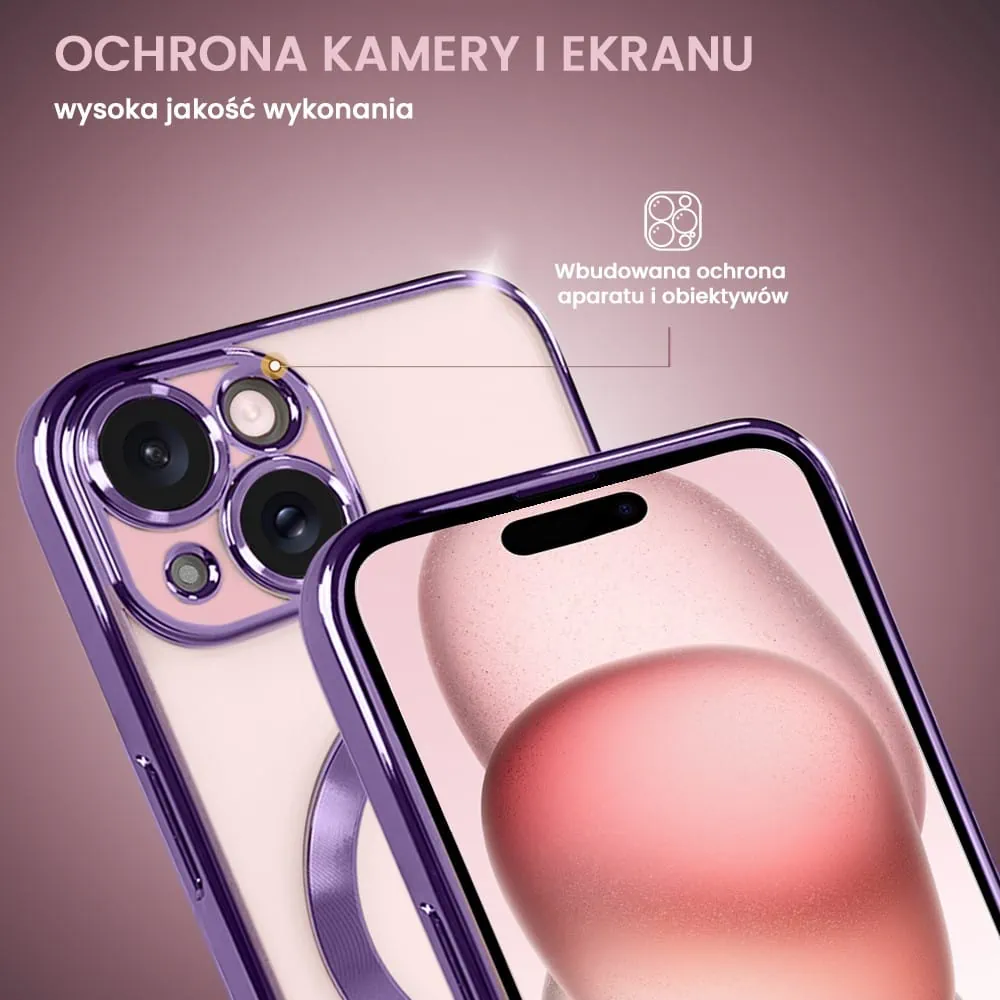Etui do iPhone 15 MagSafe Luxury Protect przeźroczyste, hybrydowa ochrona kamery, fioletowe