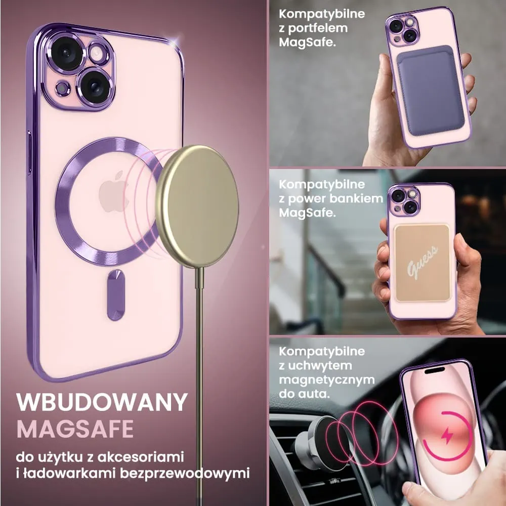 Etui do iPhone 15 MagSafe Luxury Protect przeźroczyste, hybrydowa ochrona kamery, fioletowe