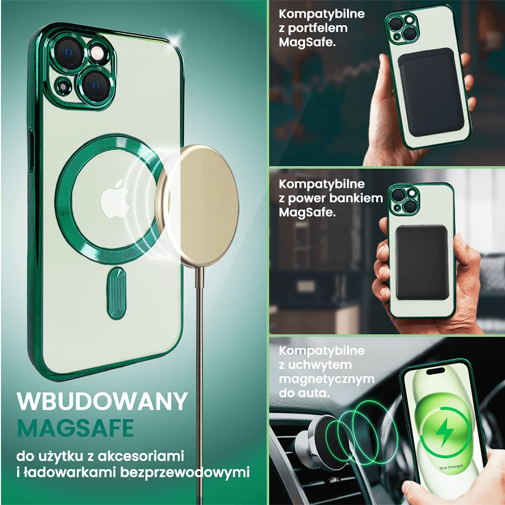Etui do iPhone 15 MagSafe Luxury Protect przeźroczyste, hybrydowa ochrona kamery, miętowe