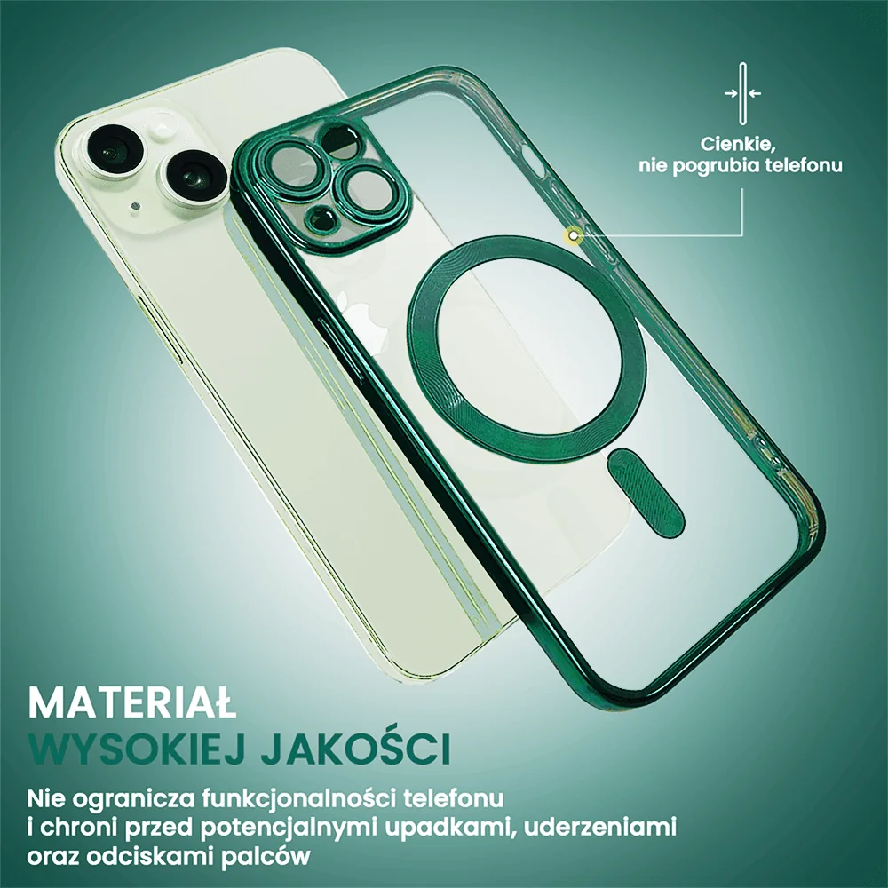 Etui do iPhone 15 MagSafe Luxury Protect przeźroczyste, hybrydowa ochrona kamery, miętowe