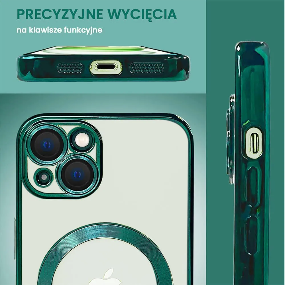 Etui do iPhone 15 MagSafe Luxury Protect przeźroczyste, hybrydowa ochrona kamery, miętowe