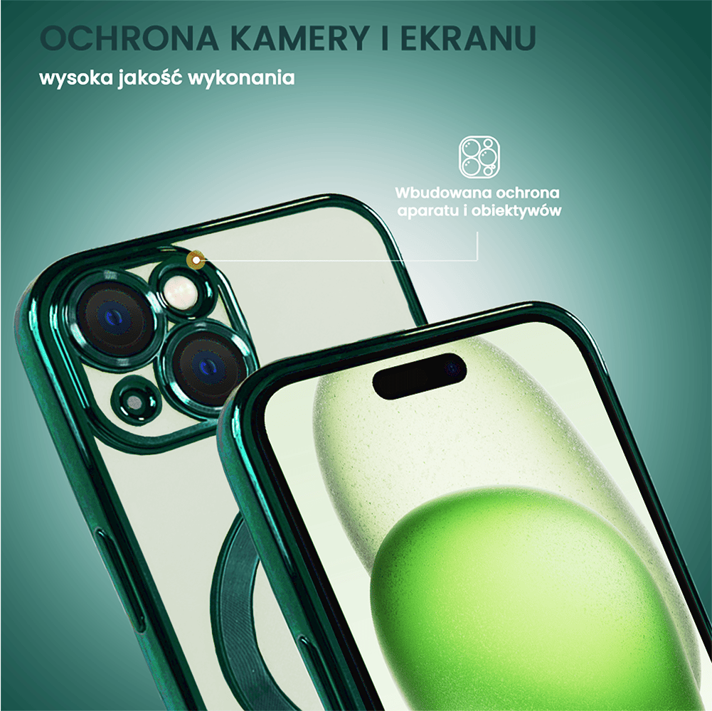 Etui do iPhone 15 MagSafe Luxury Protect przeźroczyste, hybrydowa ochrona kamery, miętowe