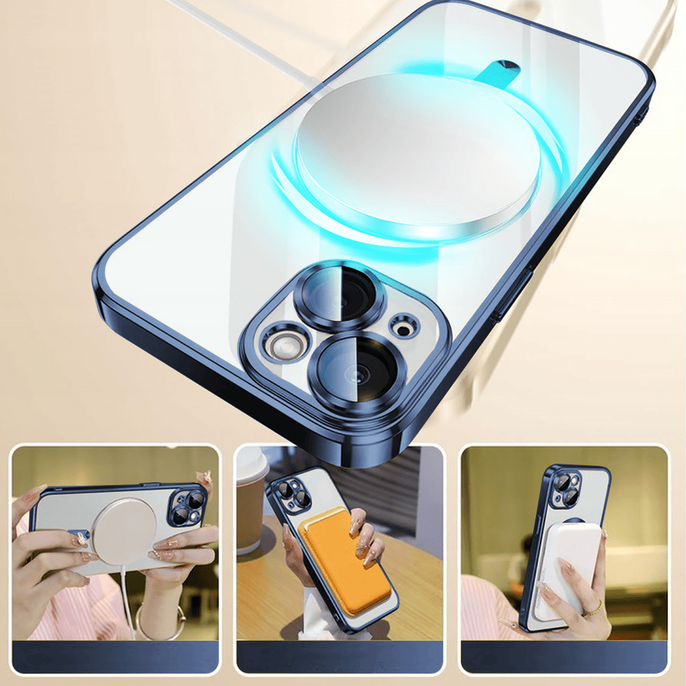 Etui do iPhone 15 MagSafe Luxury Protect przeźroczyste, hybrydowa ochrona kamery, głęboki niebieski