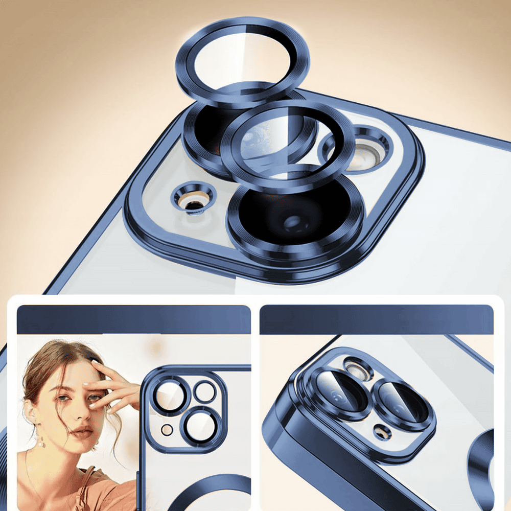 Etui do iPhone 15 MagSafe Luxury Protect przeźroczyste, hybrydowa ochrona kamery, głęboki niebieski