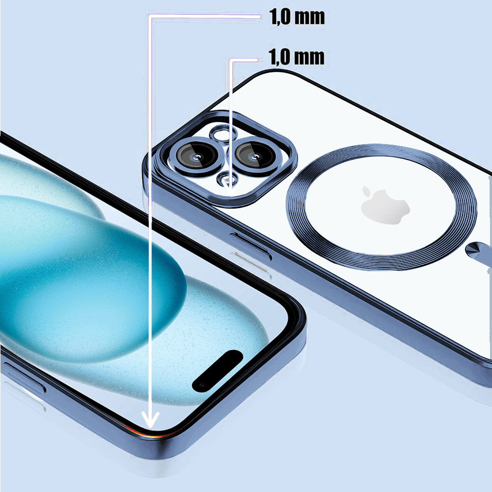 Etui do iPhone 15 MagSafe Luxury Protect przeźroczyste, hybrydowa ochrona kamery, głęboki niebieski