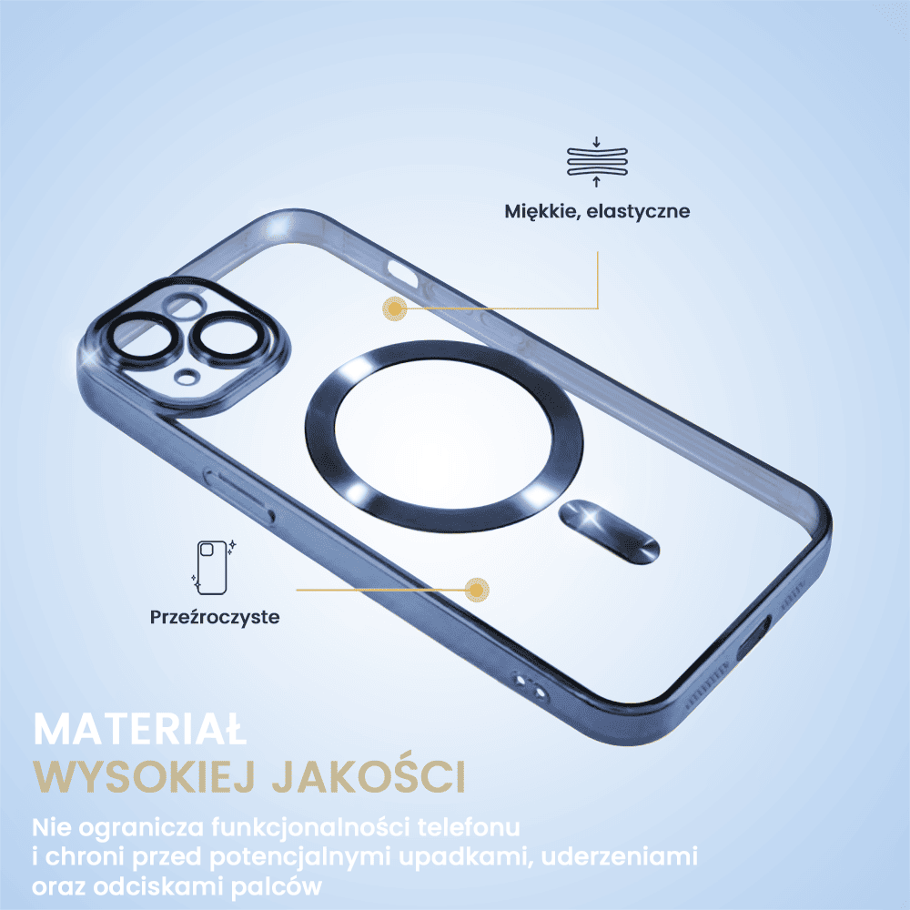 Etui do iPhone 15 MagSafe Luxury Protect przeźroczyste, hybrydowa ochrona kamery, głęboki niebieski