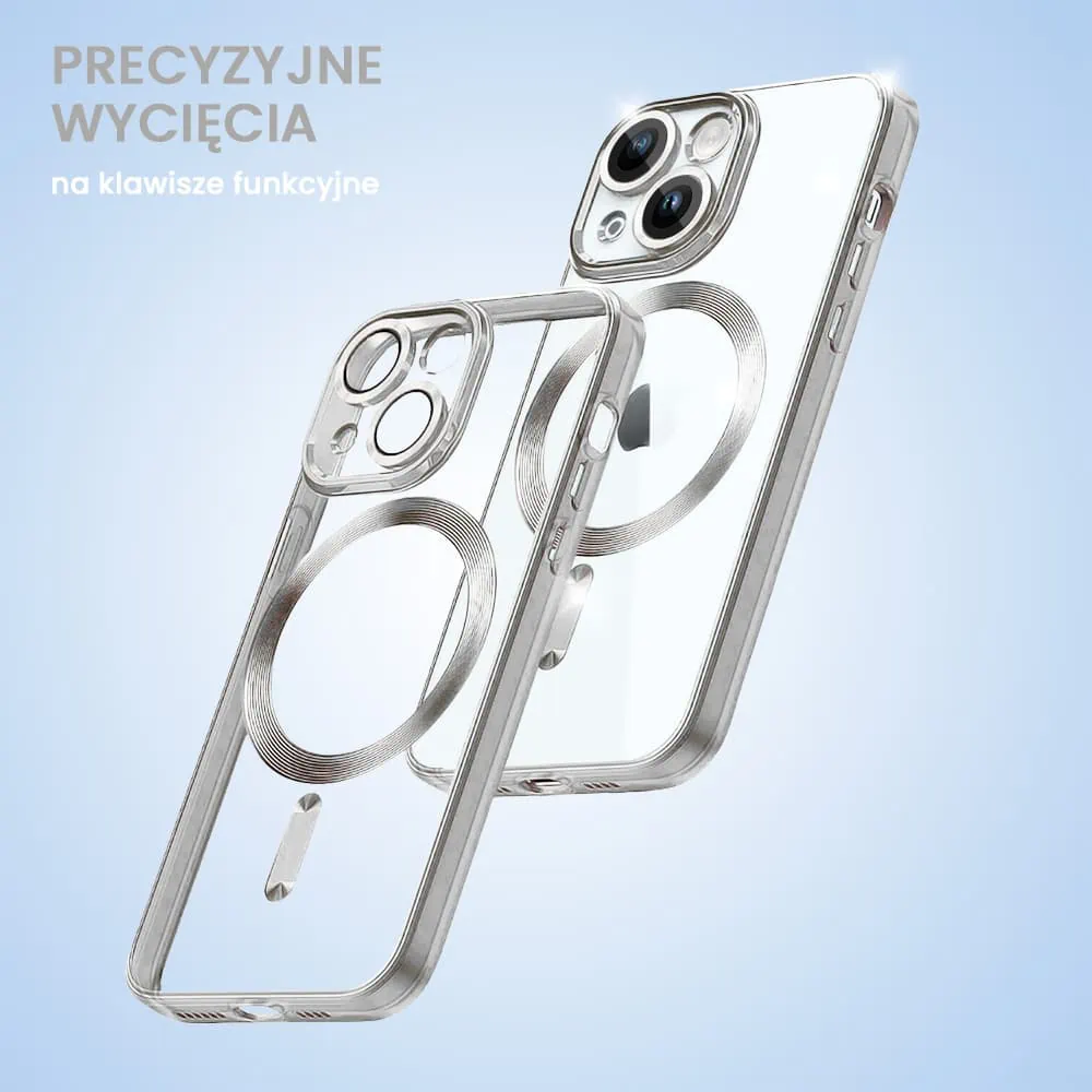 Etui do iPhone 15 MagSafe Luxury Protect przeźroczyste, hybrydowa ochrona kamery, srebrne