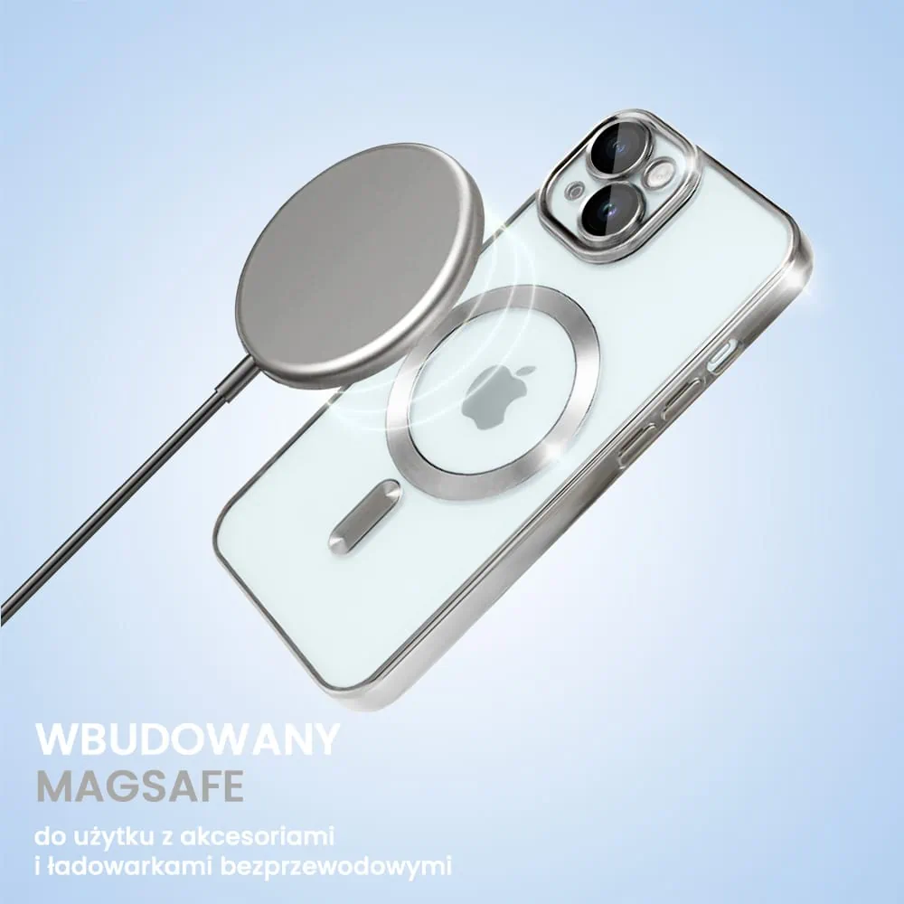 Etui do iPhone 15 MagSafe Luxury Protect przeźroczyste, hybrydowa ochrona kamery, srebrne
