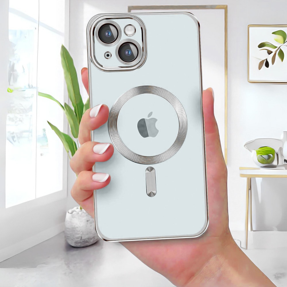 Etui do iPhone 15 MagSafe Luxury Protect przeźroczyste, hybrydowa ochrona kamery, srebrne