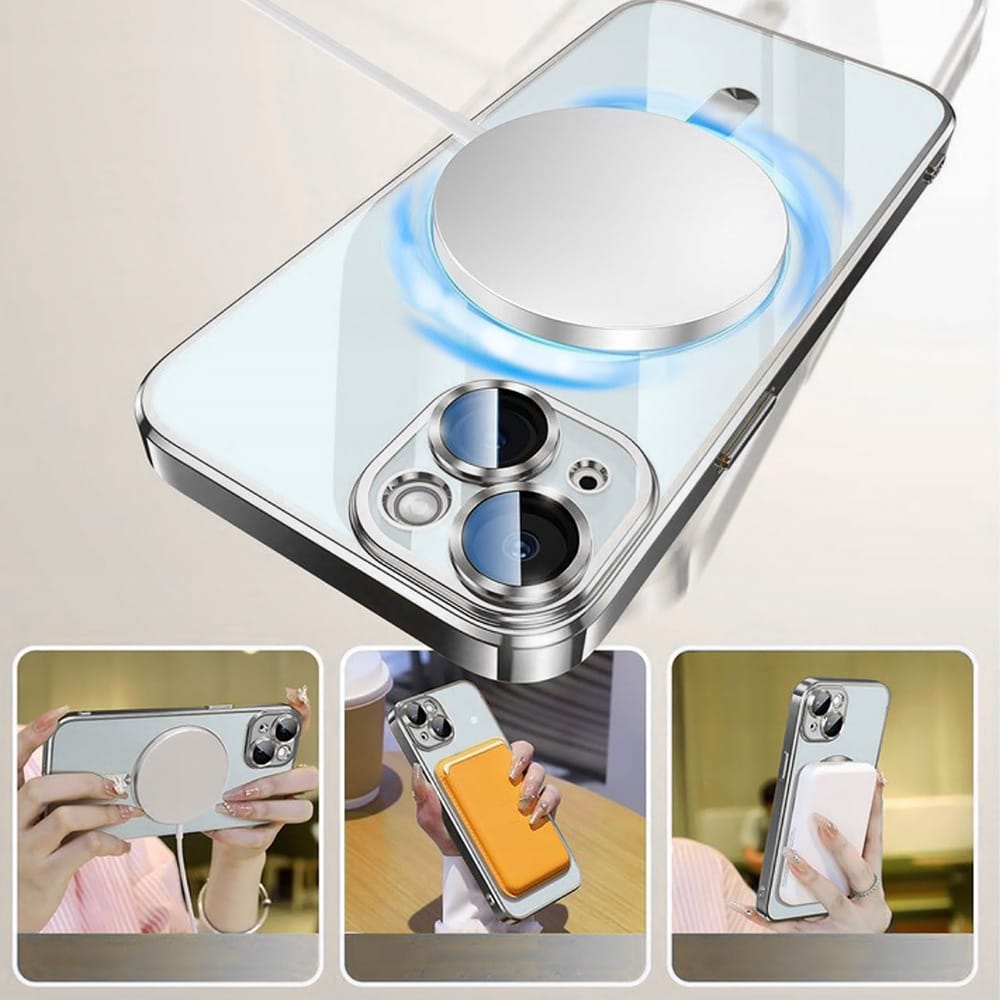 Etui do iPhone 15 MagSafe Luxury Protect przeźroczyste, hybrydowa ochrona kamery, srebrne