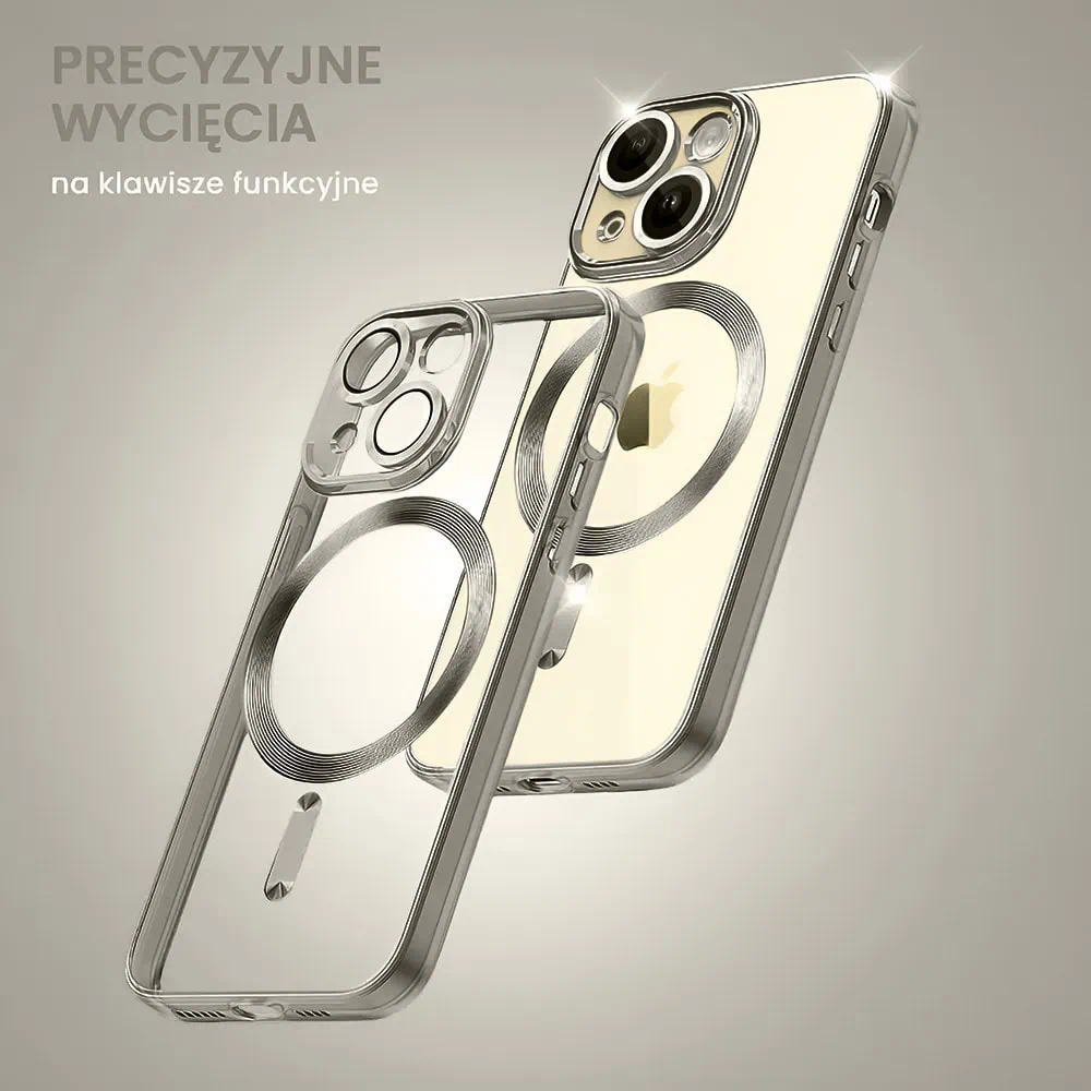 Etui do iPhone 15 MagSafe Luxury Protect przeźroczyste, hybrydowa ochrona kamery, tytanowe