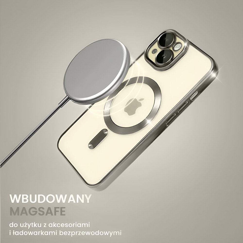 Etui do iPhone 15 MagSafe Luxury Protect przeźroczyste, hybrydowa ochrona kamery, tytanowe