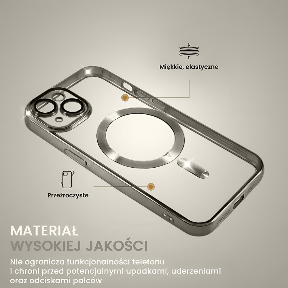 Etui do iPhone 15 MagSafe Luxury Protect przeźroczyste, hybrydowa ochrona kamery, tytanowe