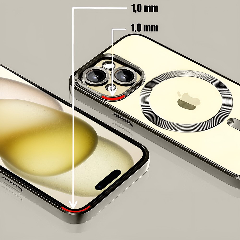 Etui do iPhone 15 MagSafe Luxury Protect przeźroczyste, hybrydowa ochrona kamery, tytanowe