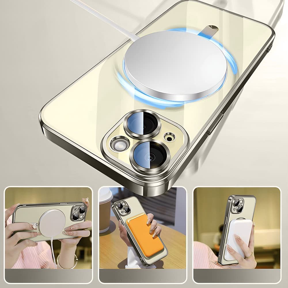 Etui do iPhone 15 MagSafe Luxury Protect przeźroczyste, hybrydowa ochrona kamery, tytanowe