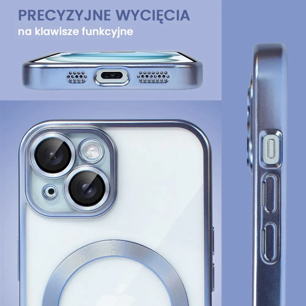 Etui do iPhone 15 Plus MagSafe Luxury Protect przeźroczyste, z osłoną aparatu, Titanium Finish, niebieskie