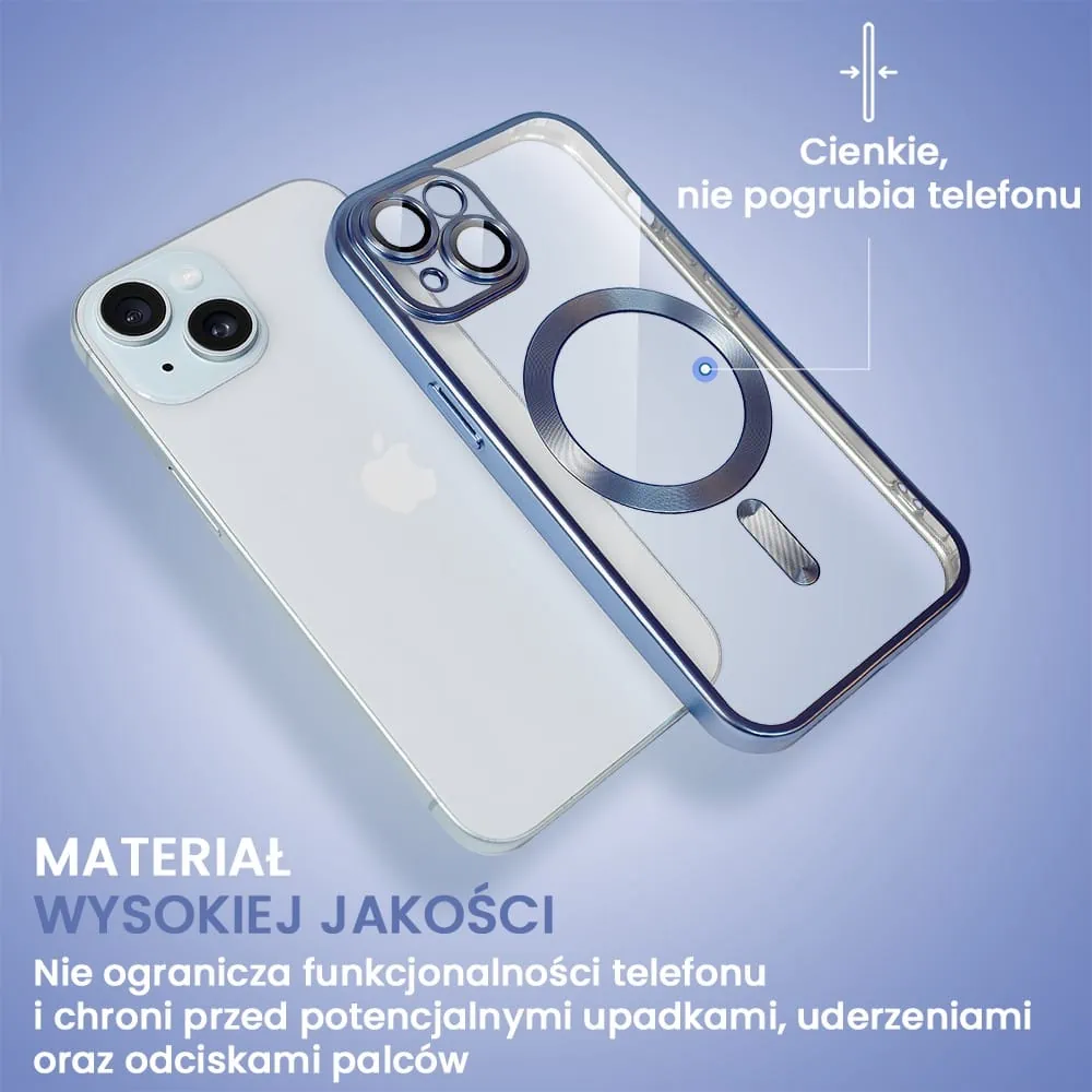 Etui do iPhone 15 Plus MagSafe Luxury Protect przeźroczyste, z osłoną aparatu, Titanium Finish, niebieskie