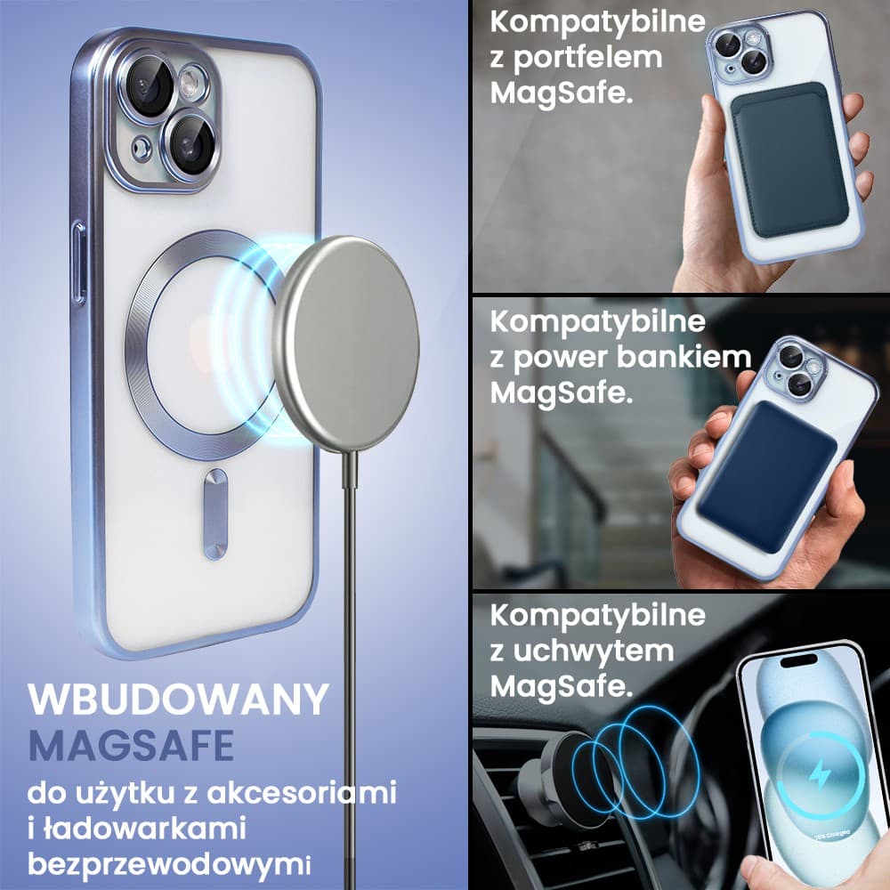 Etui do iPhone 15 Plus MagSafe Luxury Protect przeźroczyste, z osłoną aparatu, Titanium Finish, niebieskie