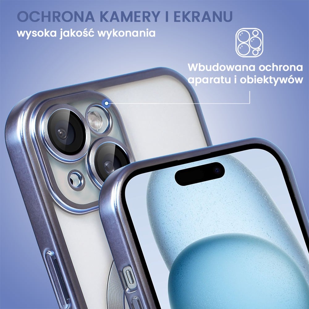 Etui do iPhone 15 Plus MagSafe Luxury Protect przeźroczyste, z osłoną aparatu, Titanium Finish, niebieskie