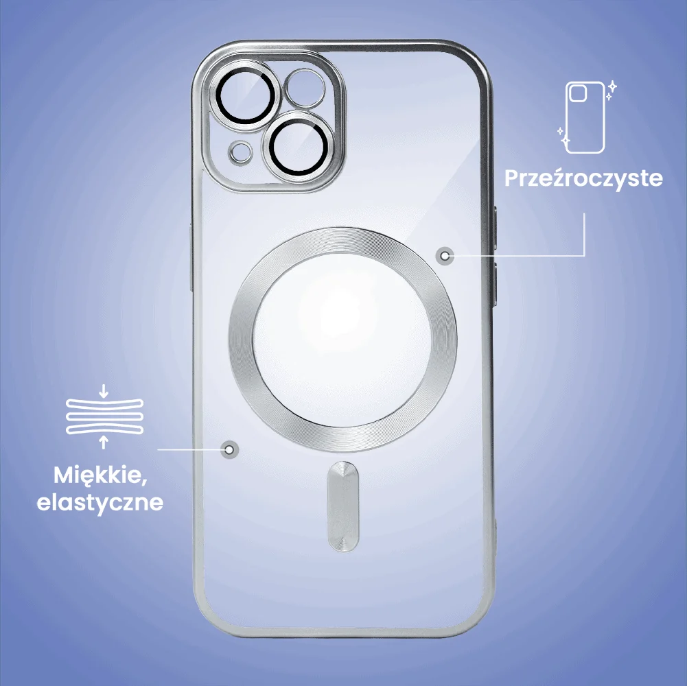 Etui do iPhone 15 Plus MagSafe Luxury Protect przeźroczyste, z osłoną aparatu, Titanium Finish, srebrne