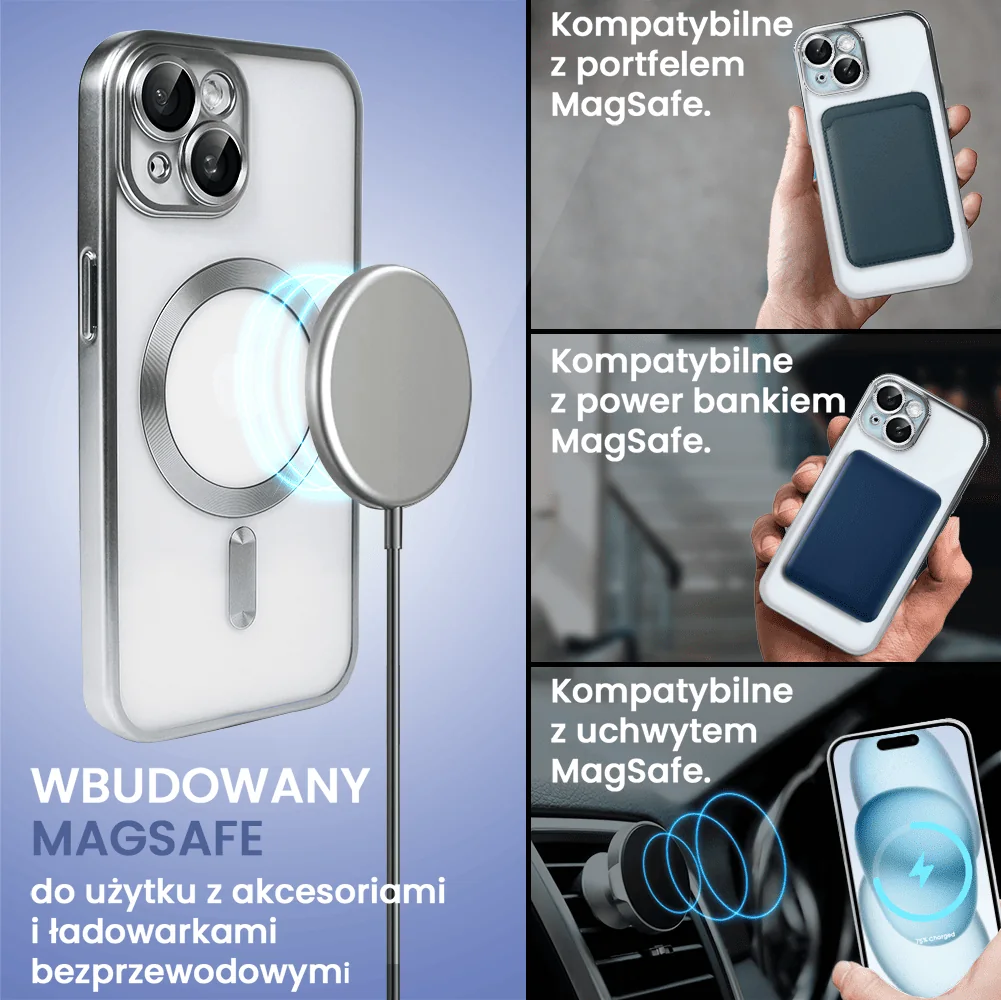 Etui do iPhone 15 Plus MagSafe Luxury Protect przeźroczyste, z osłoną aparatu, Titanium Finish, srebrne
