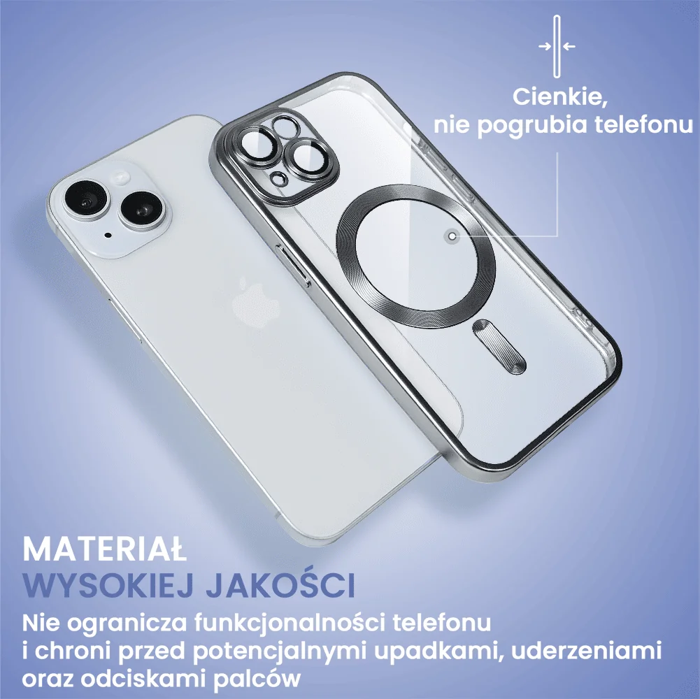 Etui do iPhone 15 Plus MagSafe Luxury Protect przeźroczyste, z osłoną aparatu, Titanium Finish, srebrne